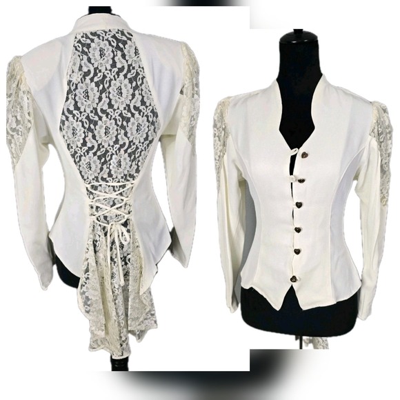 Blondie And Me Tops - Vintage Victorian Lace Peplum Blouse Womens XS/S Cream Boho Bridal Romantic